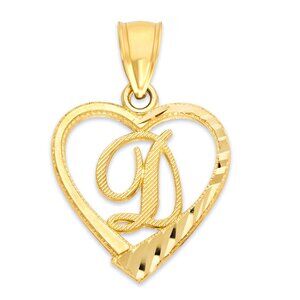 10K Gold Heart Initial "D" Pendant - Diamond Cut Letter Charm for Necklace